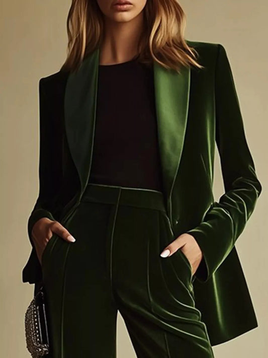 Velvet Blazer and Wide-Leg Pants Set in Green - Blossom's