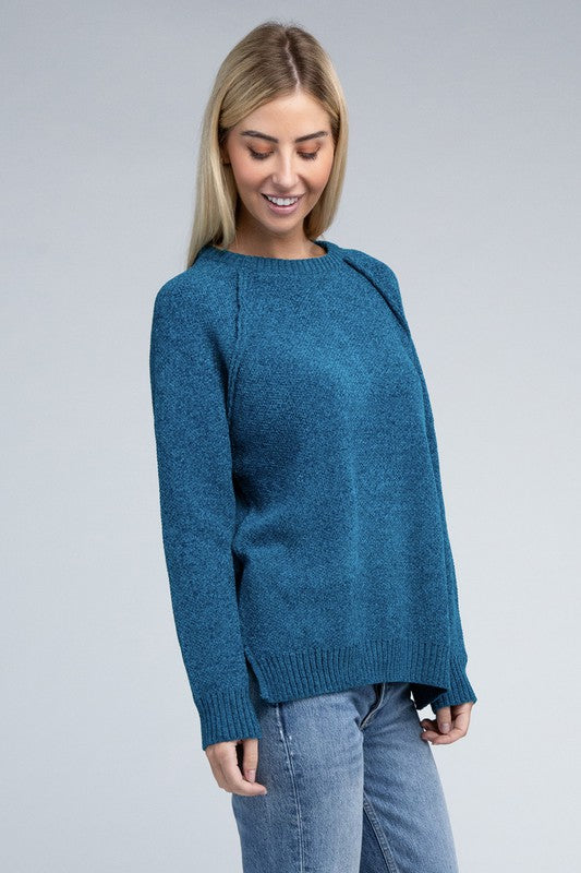 Chenille Side‑Slit Crew Sweater