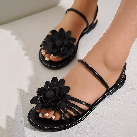 Floral Embellished Sandals in Black - women's flat sandals