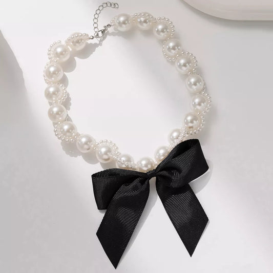 Pearl Choker Necklace with Bow Accent - alternate necklace view