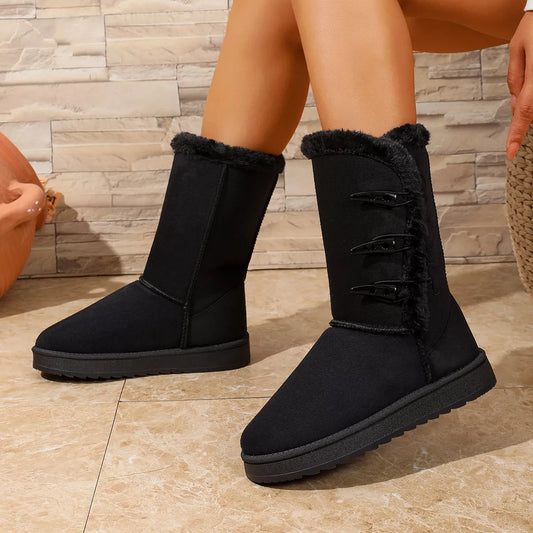 Mid-Calf Faux Fur Lined Toggle Button Winter Boots in Black - women's mid-calf boots
