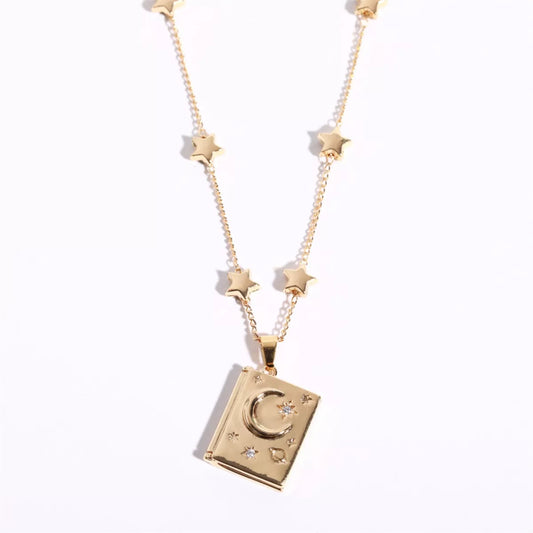 18K Gold-Plated Star Moon Zircon Lock Necklace - alternate necklace view