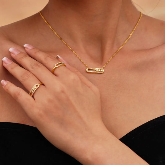 Moving Crystal Bar Necklace and Ring Set in Silver - women's necklace