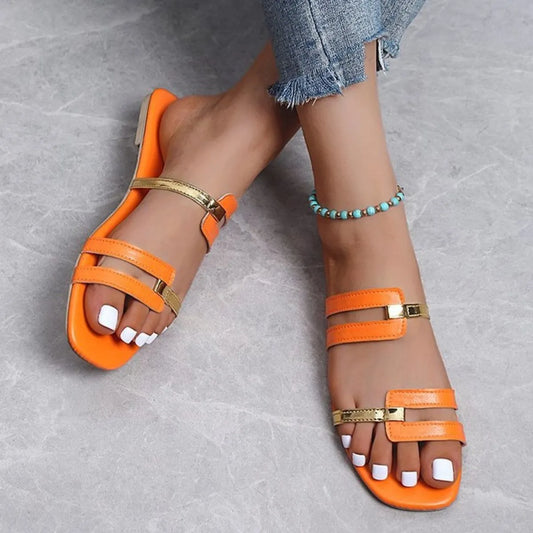 Open-Toe Flats Sandals in Apricot - women's flat sandals