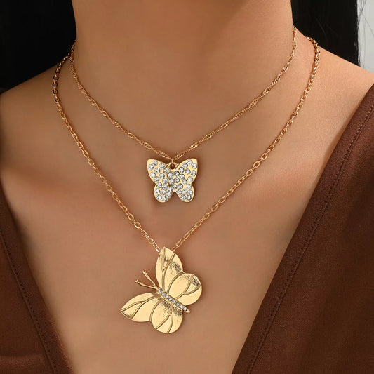 2 Piece 18K Gold-Plated Rhinestone Butterfly Necklace - alternate necklace view