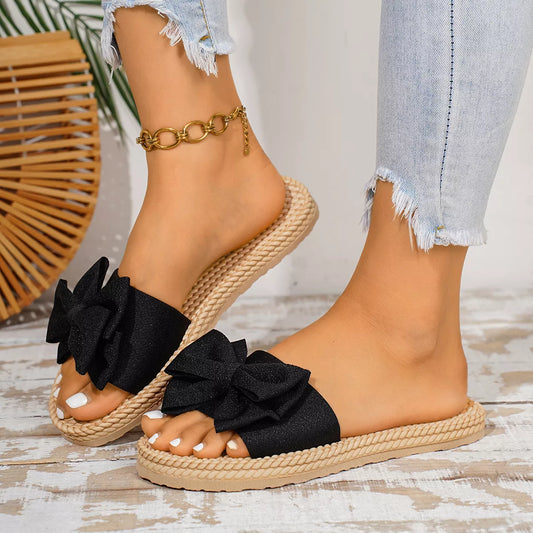 Bow Open-Toe Flats Sandals in Black - women's flat sandals