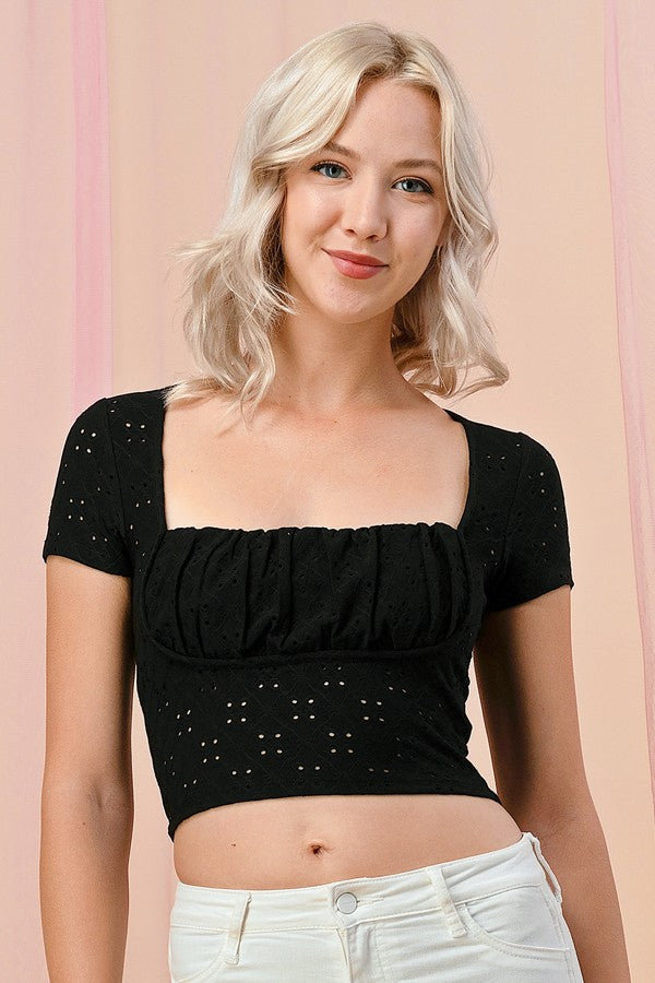 Ruched Eyelet Cropped Top