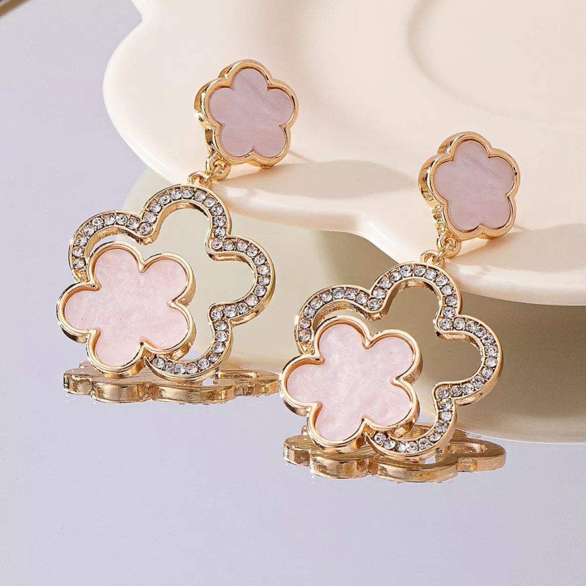 Lucky Clover Dangle Earrings with Rhinestone Accents - alternate earring view