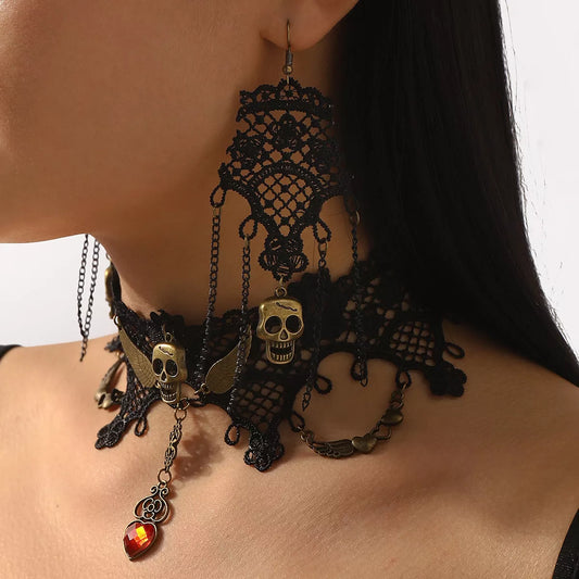 Halloween Lace Skull Necklace and Earrings Set - alternate necklace view