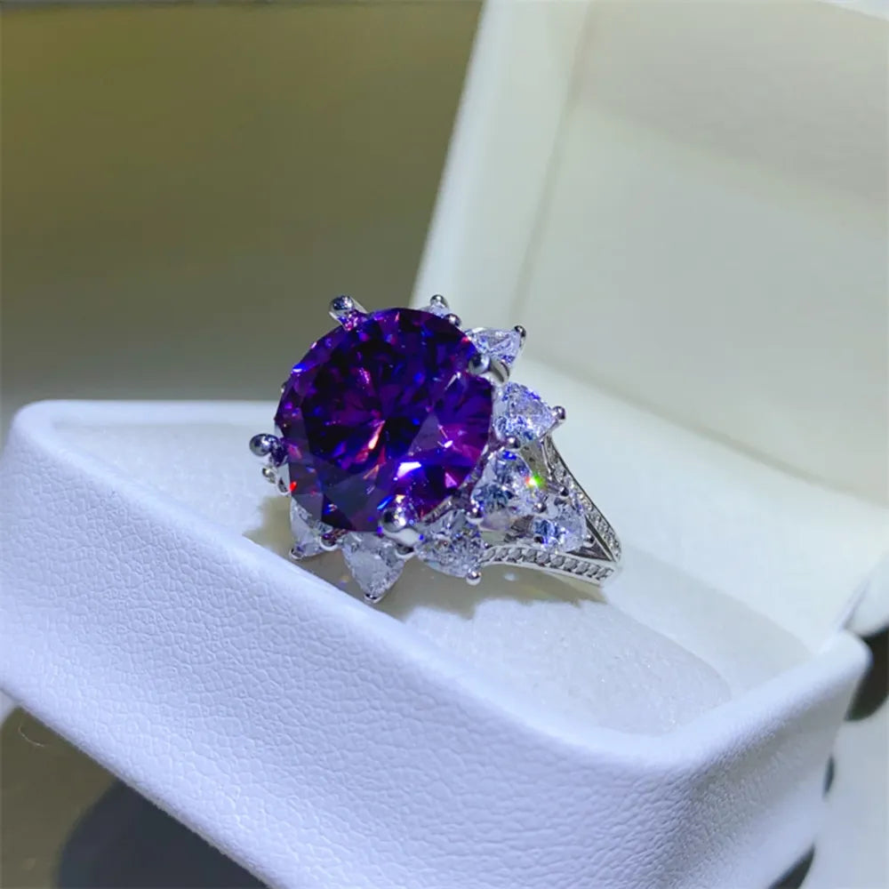 10 Carat Moissanite Sterling Silver Flower Shape Ring in Deep Purple - women's ring