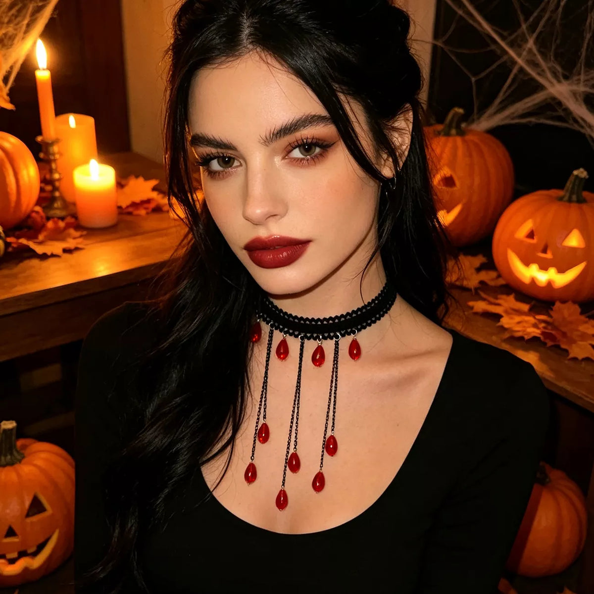 Gothic Lace Choker Necklace with Teardrop Dangle Charms - alternate necklace view