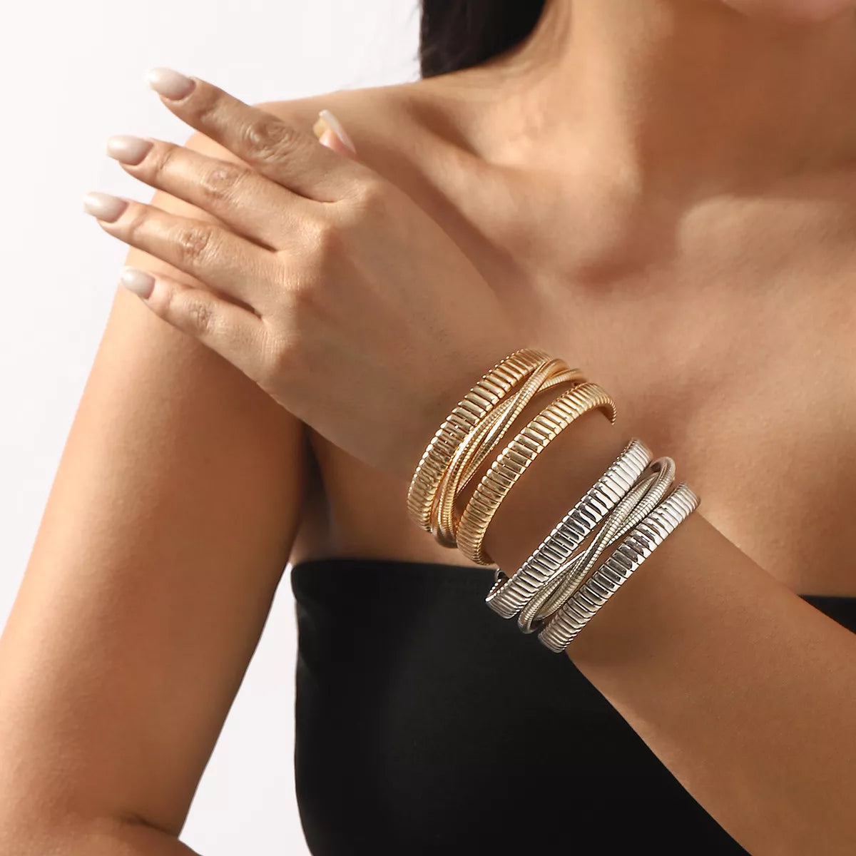 Multi-Layered Open Bracelet in Silver - women's layered bracelet