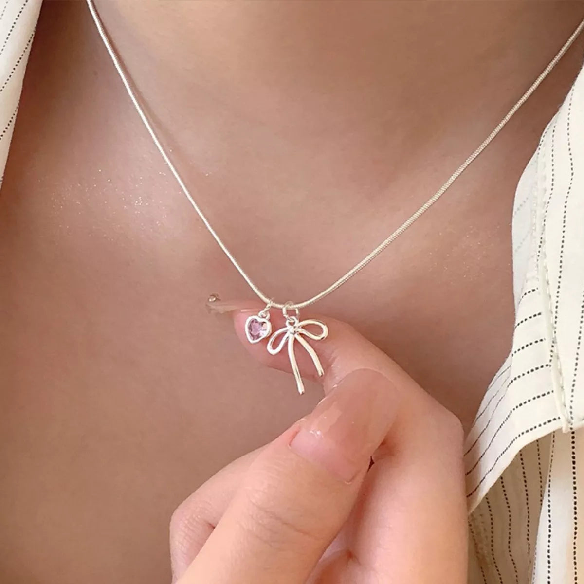 Bow & Heart Pendant Necklace - alternate necklace view
