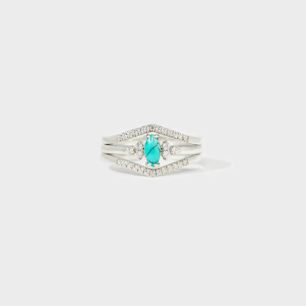 Artificial Turquoise V Shape Inlaid Zircon Ring in Silver - women's ring