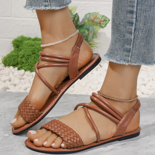 Braided Ankle Strap Flat Sandals in Black - women's braided sandals