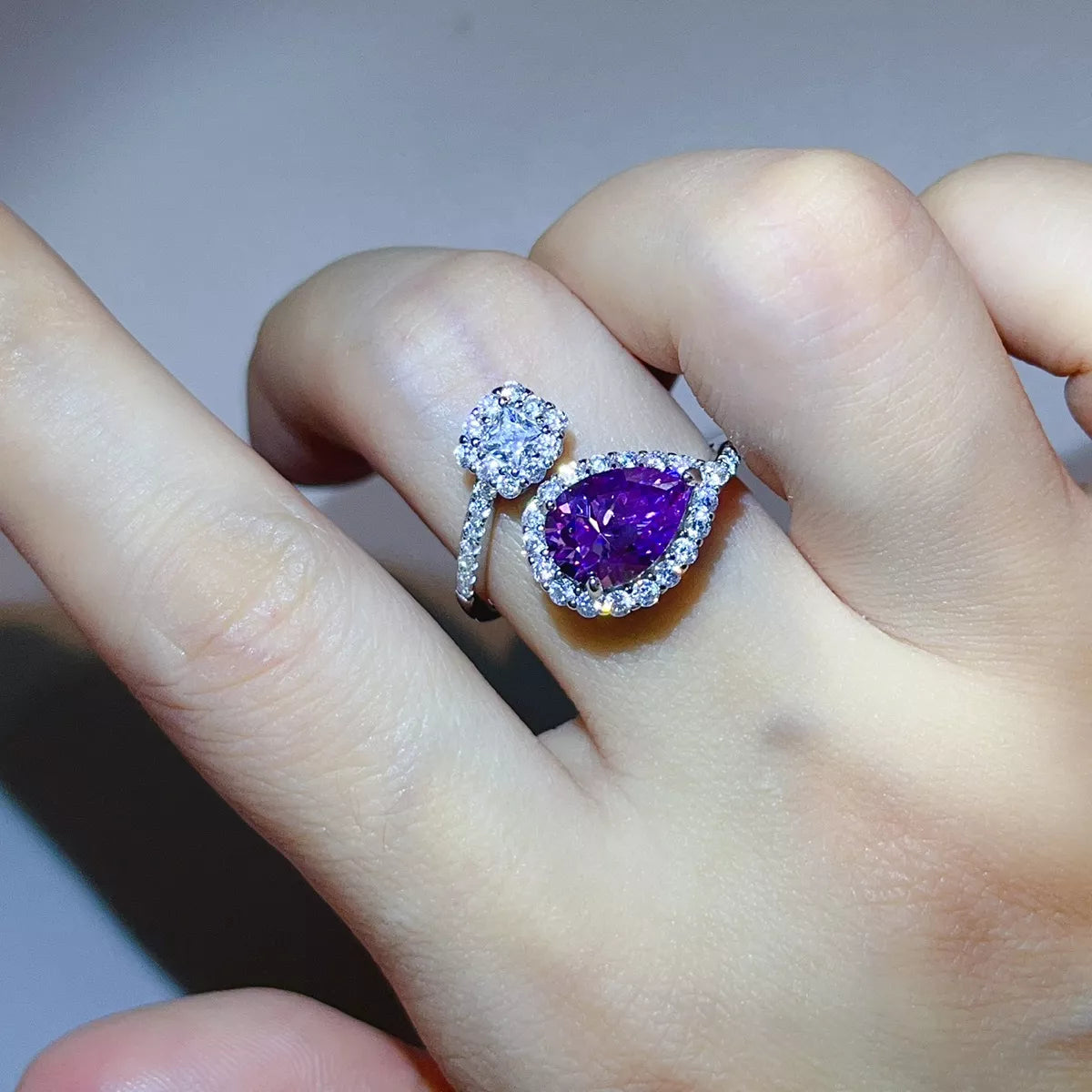 2 Carat Moissanite Sterling Silver Bypass Ring in Purple - women's ring