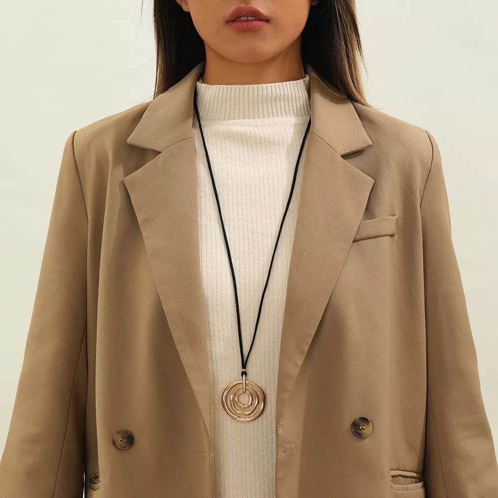 Minimalist Geometric Gold-Tone Pendant Long Necklace with Black Cord - alternate necklace view
