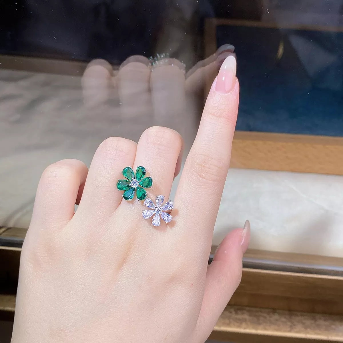 Sterling Silver Zircon Flower Ring in Dark Green - women's ring