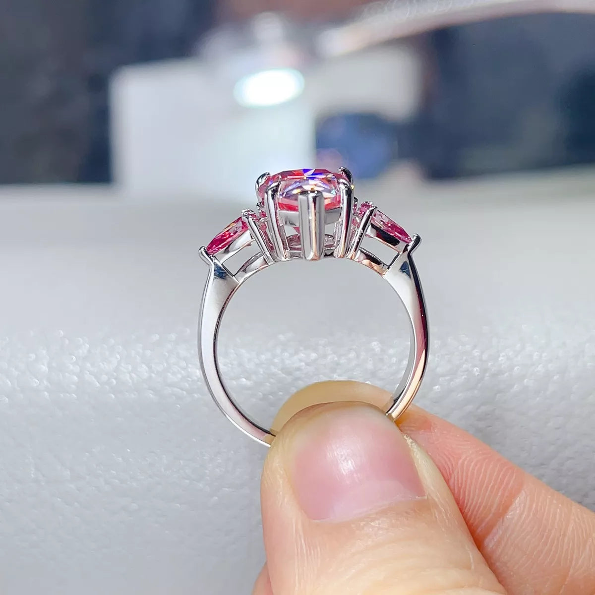 6 Carat Moissanite Sterling Silver Teardrop Ring in Pink - women's ring