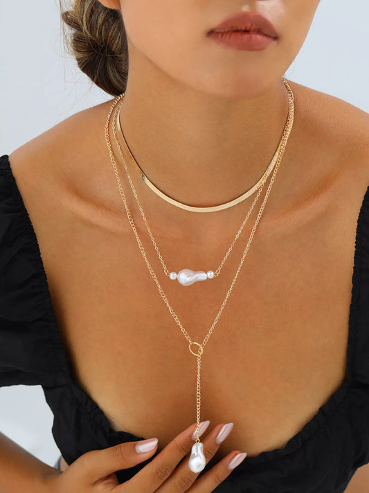 18K Gold-Plated Three Layered Pearl Necklace - alternate necklace view