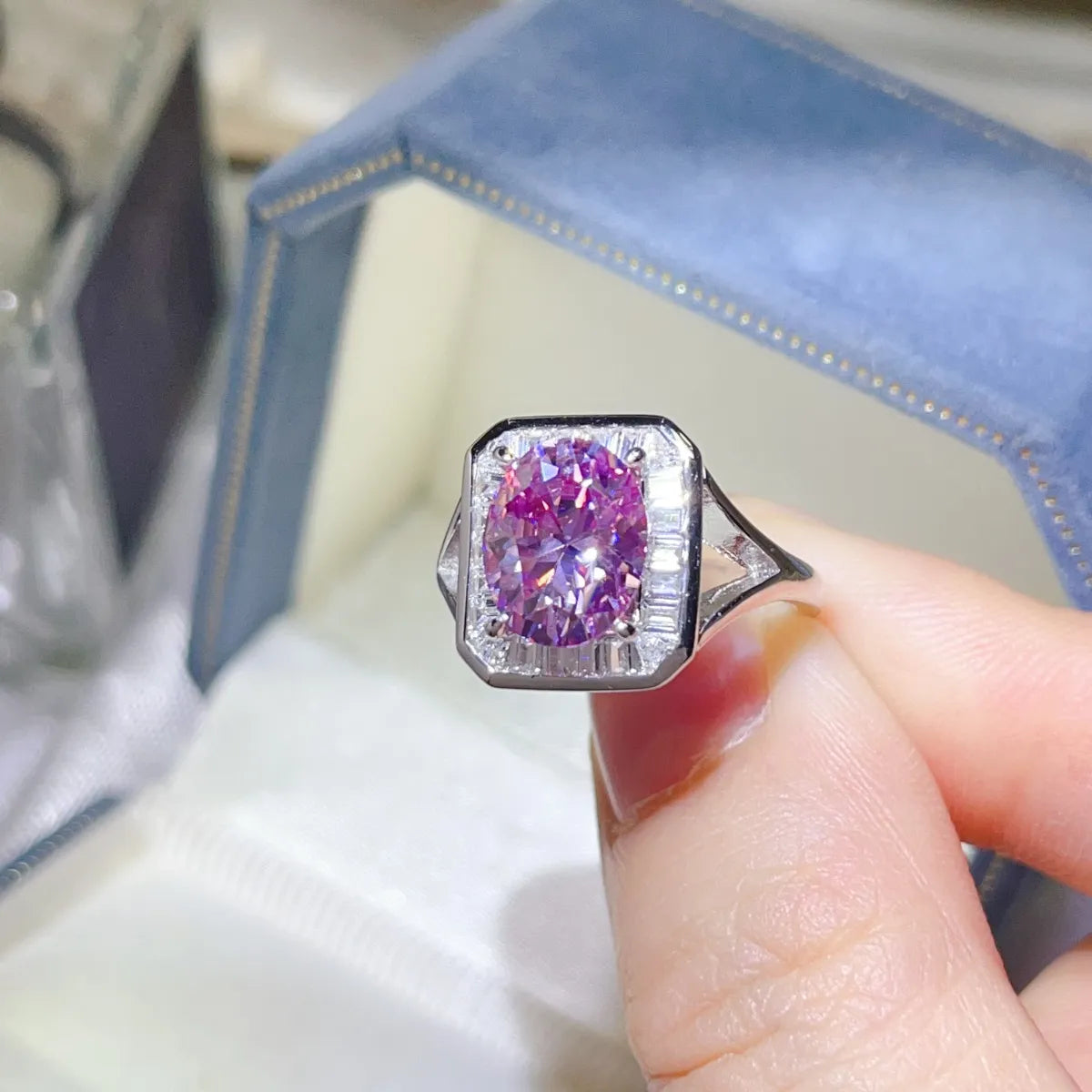 3 Carat Moissanite Square Ring in Pink Purple - women's ring