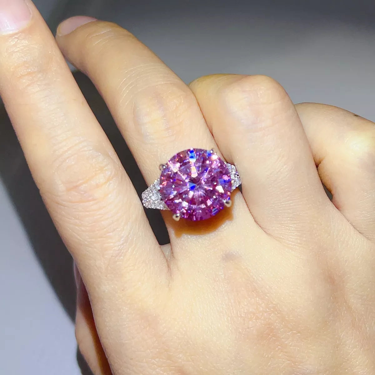 10 Carat Moissanite Sterling Silver Ring in Pink - women's ring
