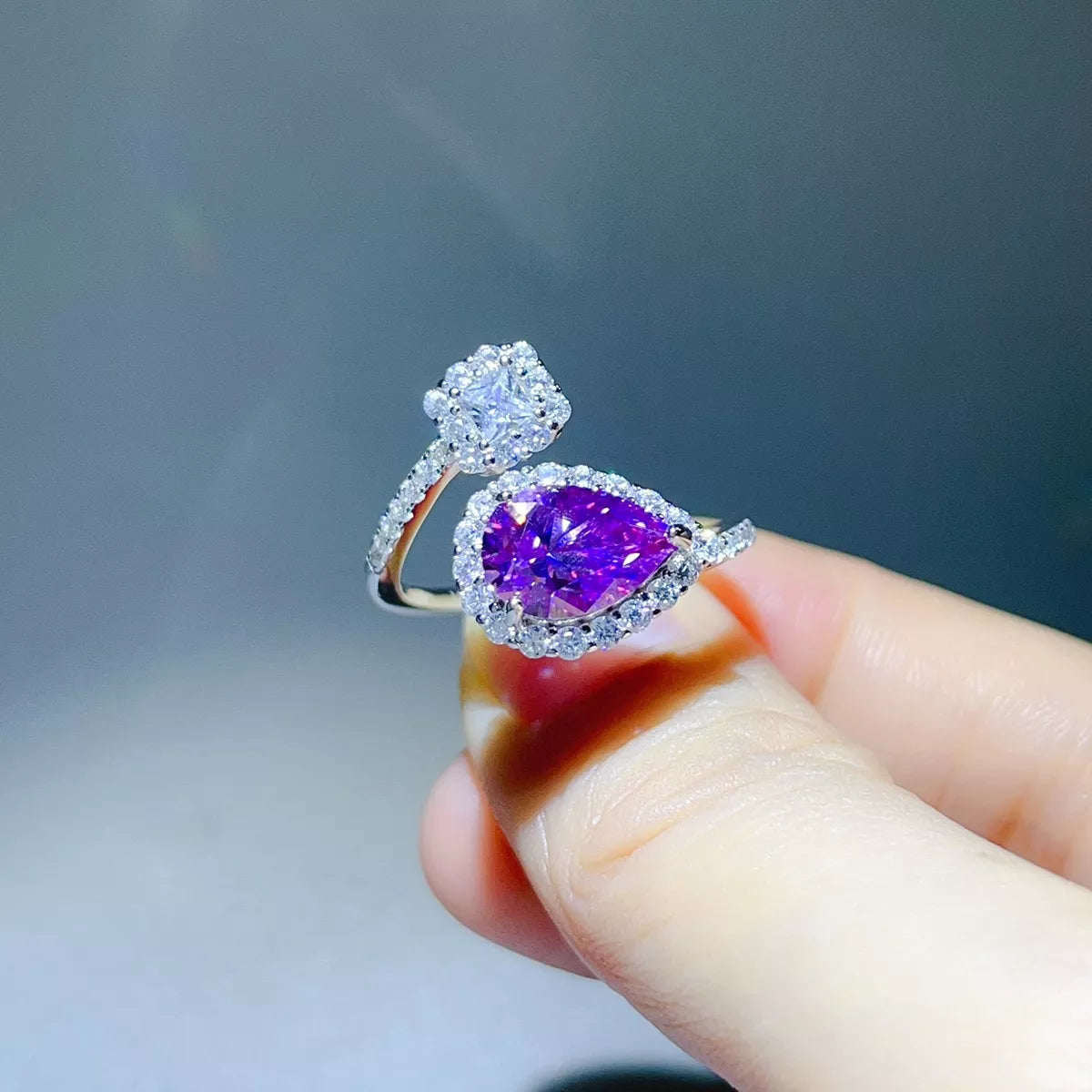 2 Carat Moissanite Sterling Silver Bypass Ring in Purple - women's ring