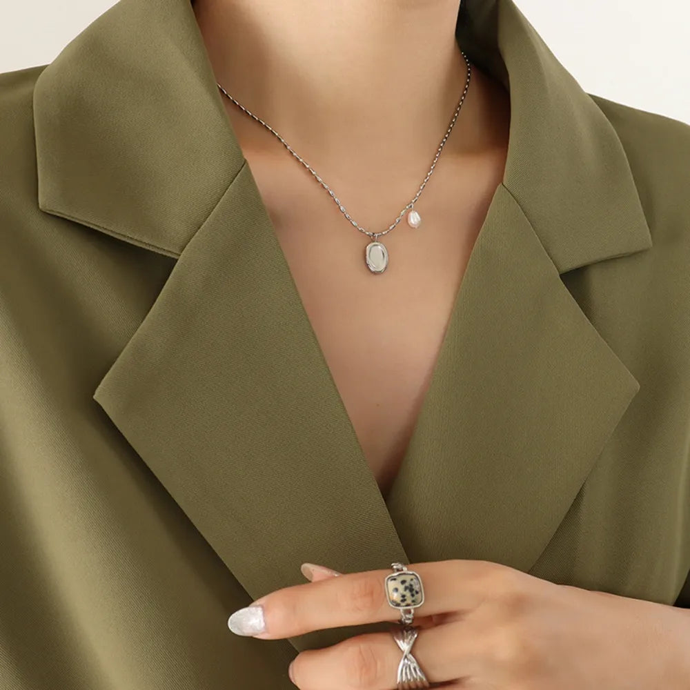 Titanium Steel Freshwater Pearl Pendant Necklace - alternate necklace view