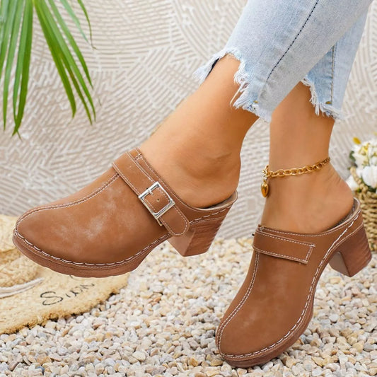 Round-Toe Block-Heel Sandals in Brown - women's heels