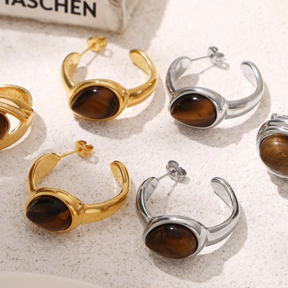 Stainless Steel Natural Tiger's Eye C-Hoop Earrings - alternate earring view