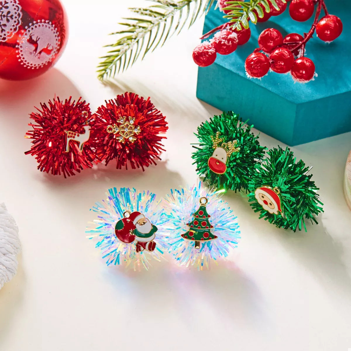 Christmas Asymmetrical Tinsel Ball Earrings in White - women's earrings