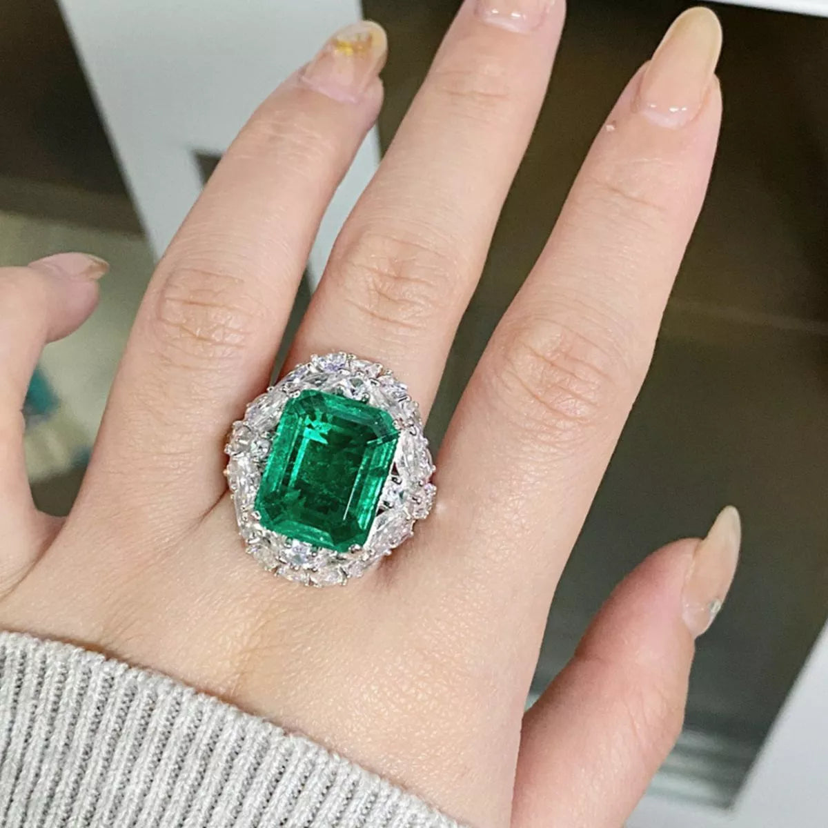 Sterling Silver Zircon Ring in Dark Green - women's ring
