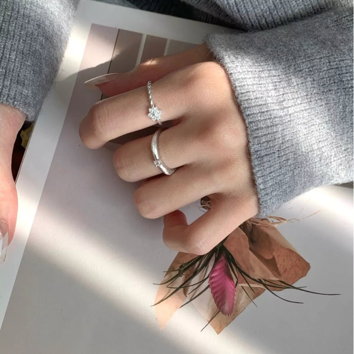 Sterling Silver Zircon Flower Open Ring - alternate ring view