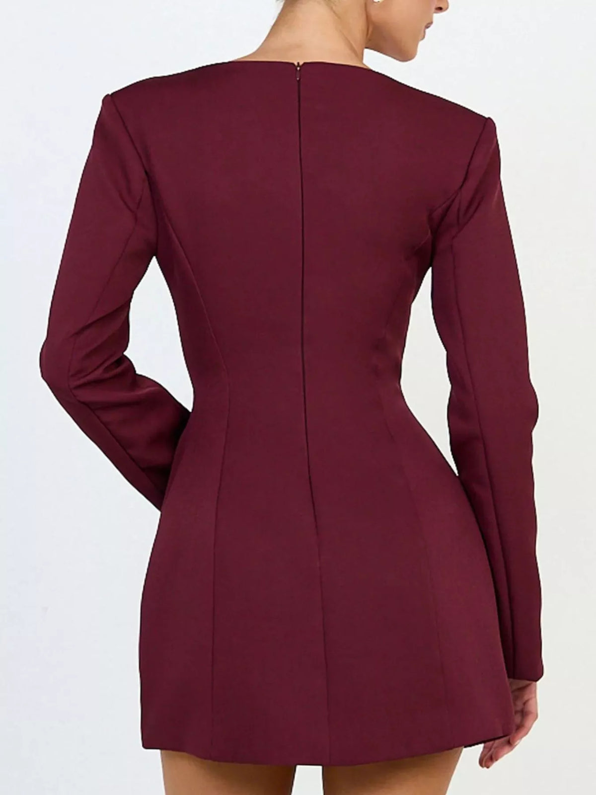 Deep V-Neck Button-Down Blazer Dress in Wine Red - Blossom's
