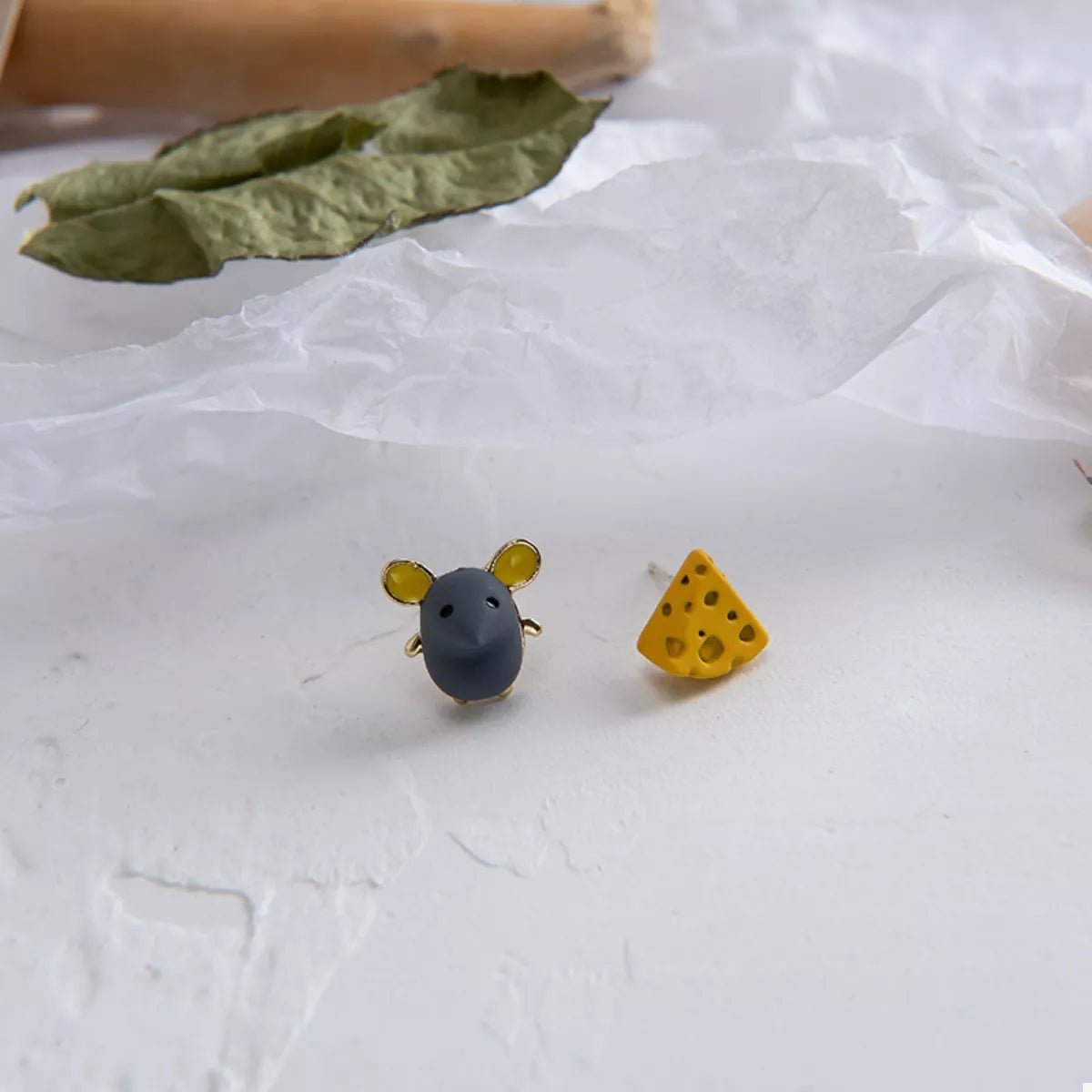 Asymmetrical Mouse & Cheese Stud Earrings - alternate earring view