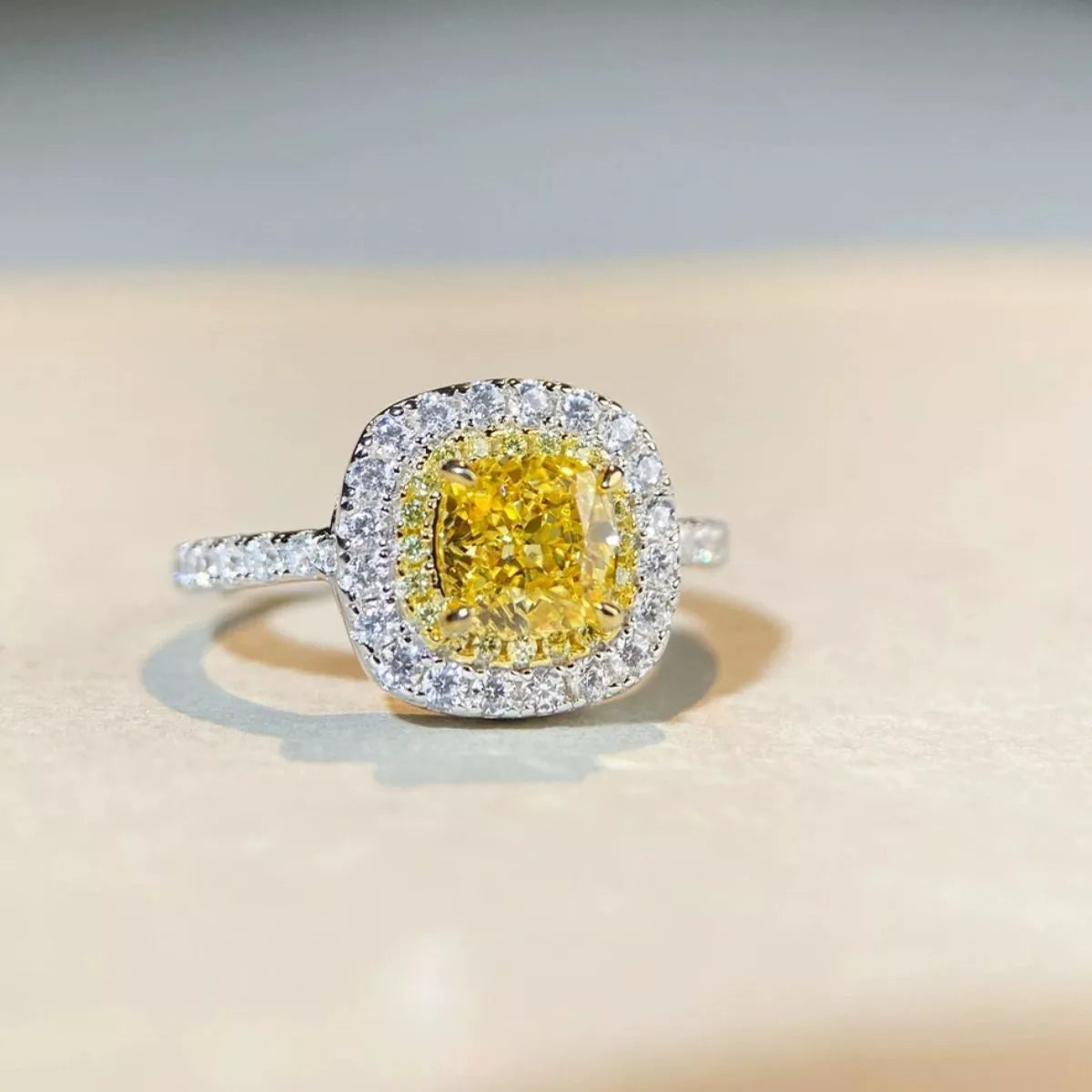 Sterling Silver Zircon Cushion Cut Ring in Light Yellow - women's ring