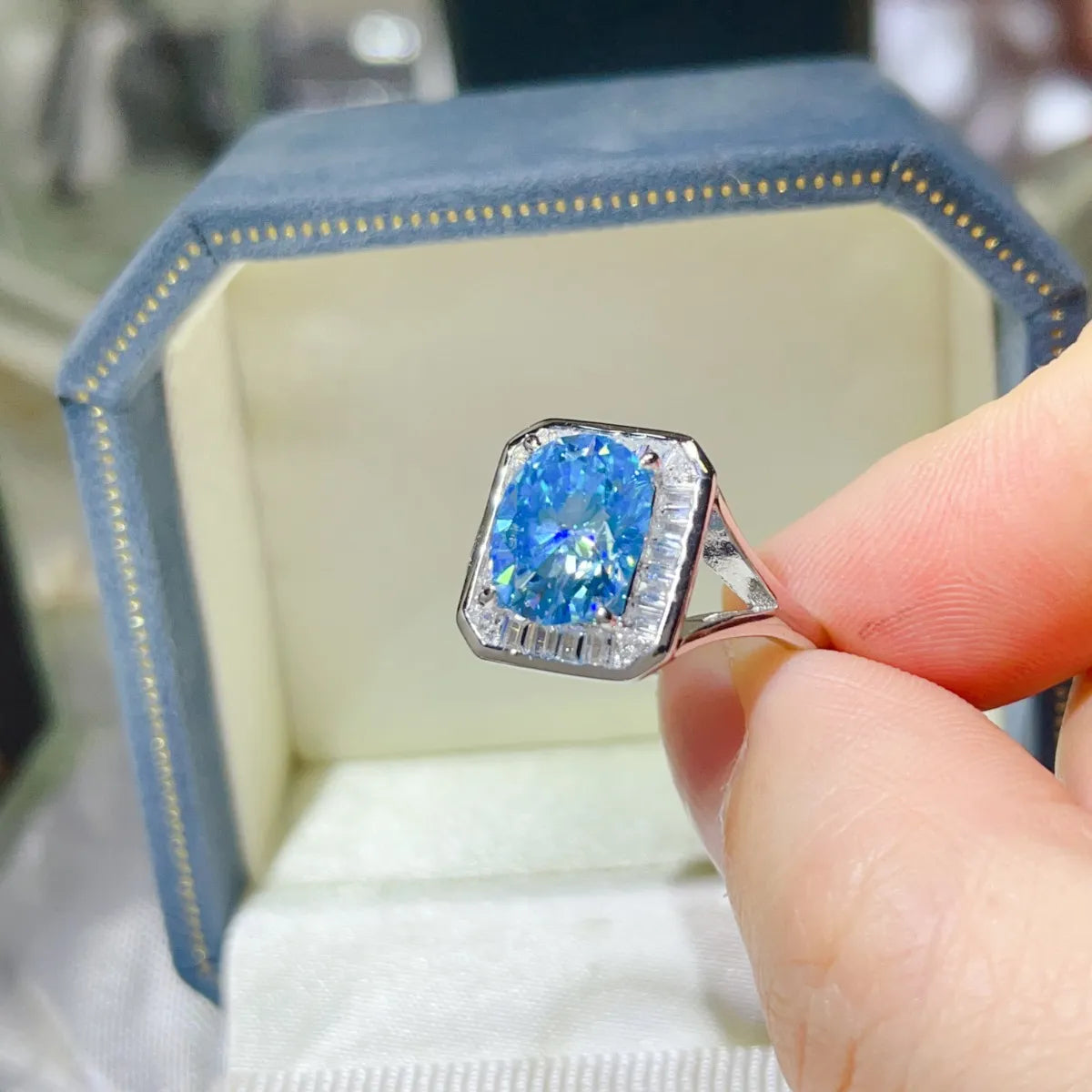 3 Carat Moissanite Square Ring in Light Blue - women's ring