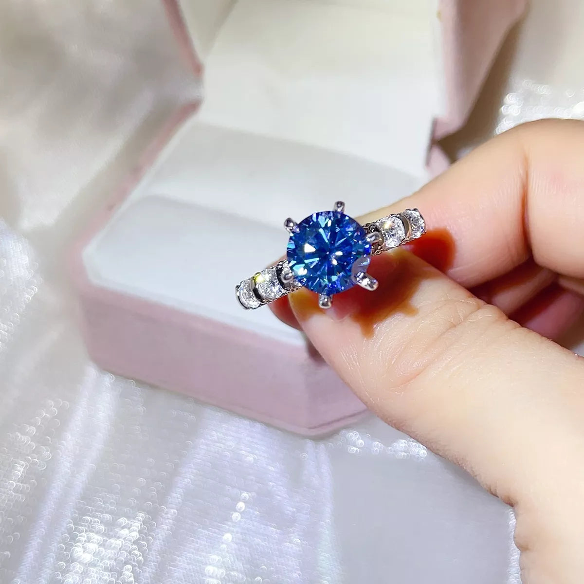 3 Carat Sterling Silver Moissanite Ring in Blue - women's ring