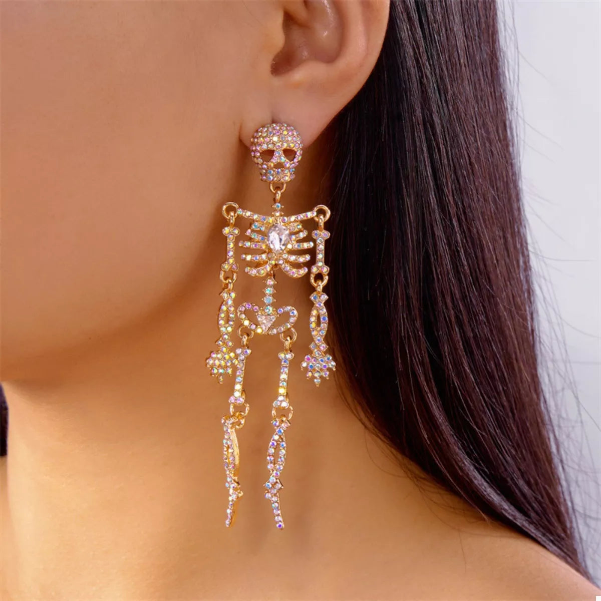 Halloween Skeleton Skull Zircon Drop Earrings - alternate earring view