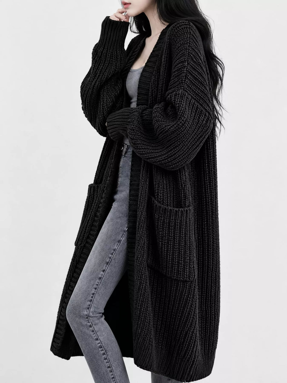 Chunky-Knit Openwork Front Longline Cardigan in Coffee - women's cardigan
