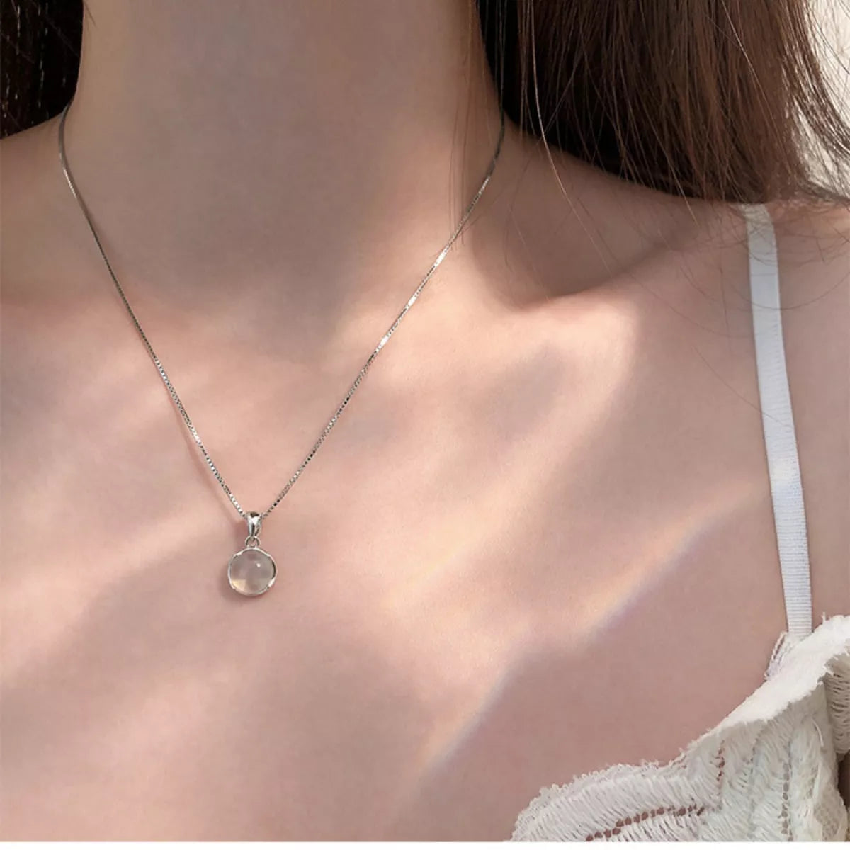 Sterling Silver Cat's Eye Stone Pendant Necklace - alternate necklace view