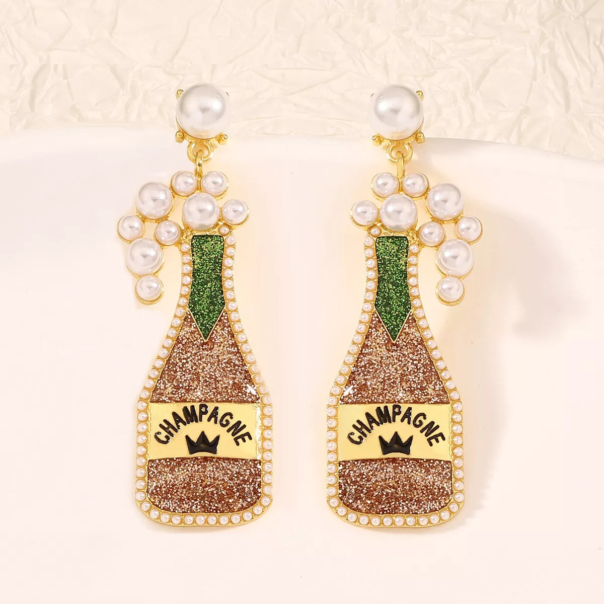 Champagne Bottle Earrings with Pearls - alternate earring view