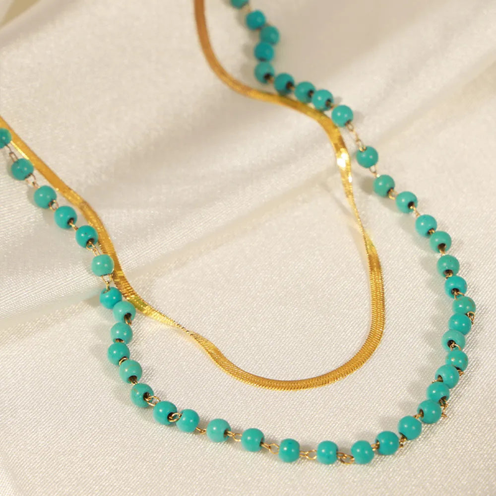 Turquoise Titanium Steel Double-Layered Necklace - alternate necklace view