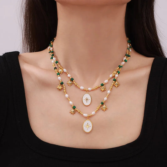 Titanium Steel Freshwater Pearl Oval Pendant Necklace - alternate necklace view