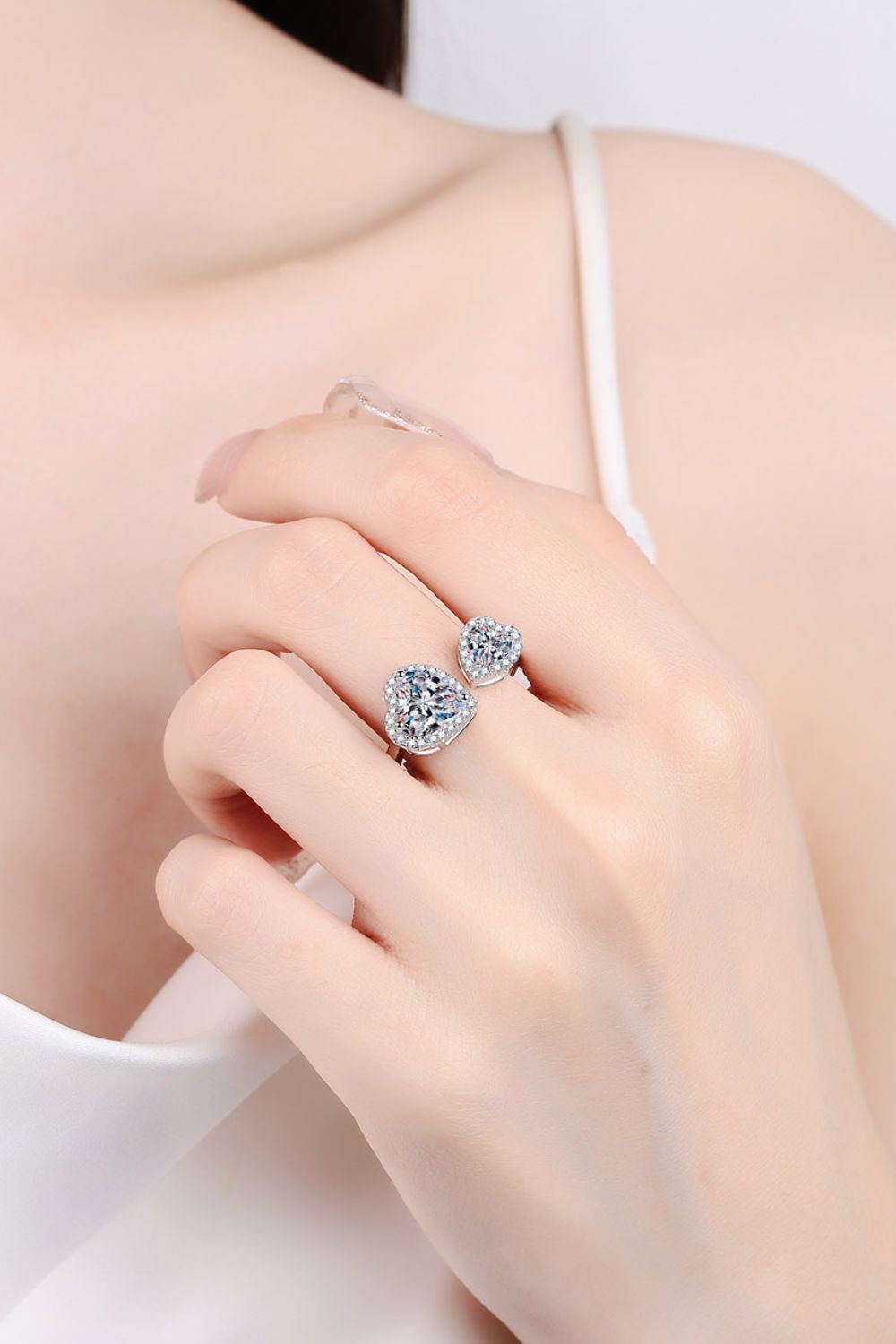 Heart-Shape Moissanite Open Ring in Silver - women's open ring