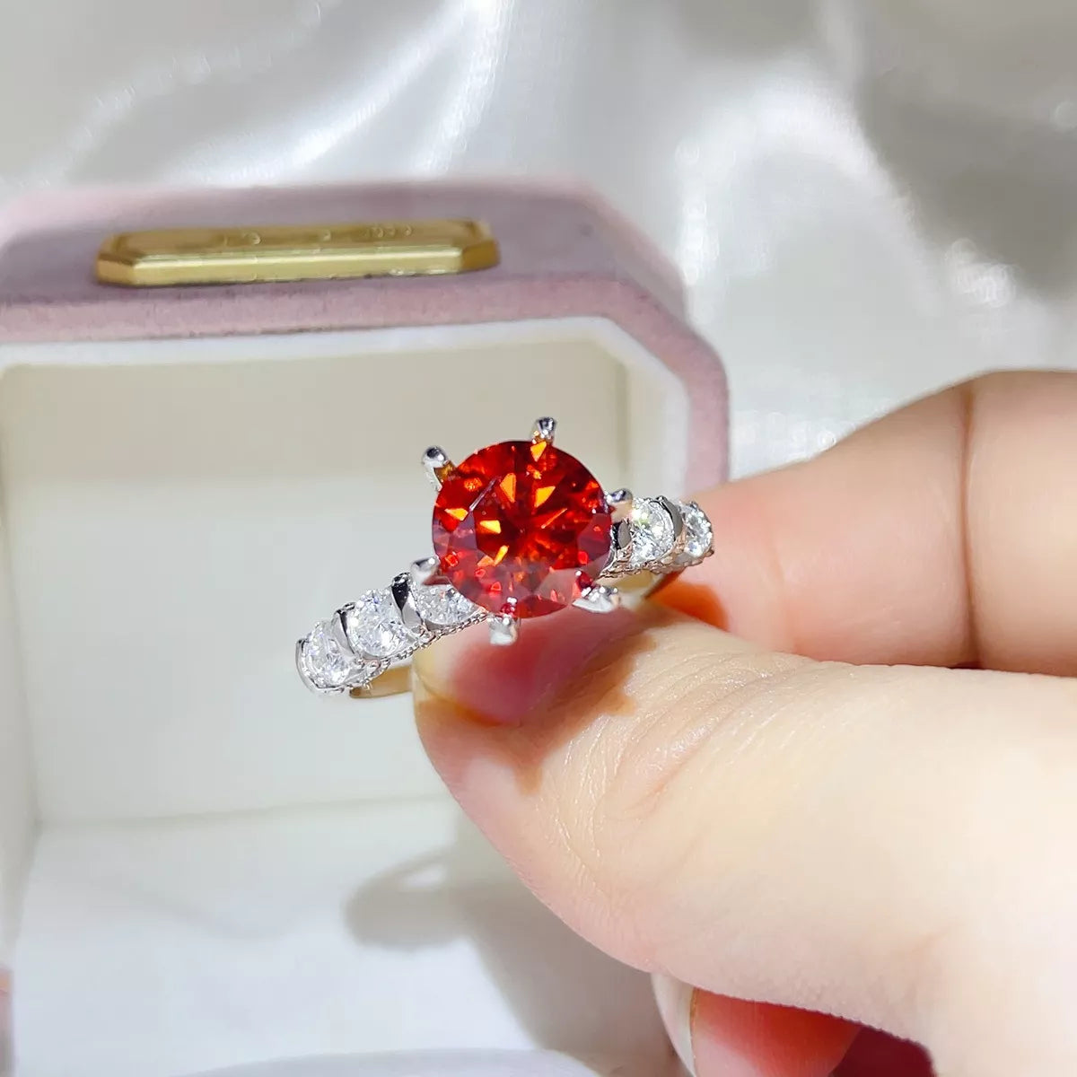 3 Carat Sterling Silver Moissanite Ring in Red - women's ring