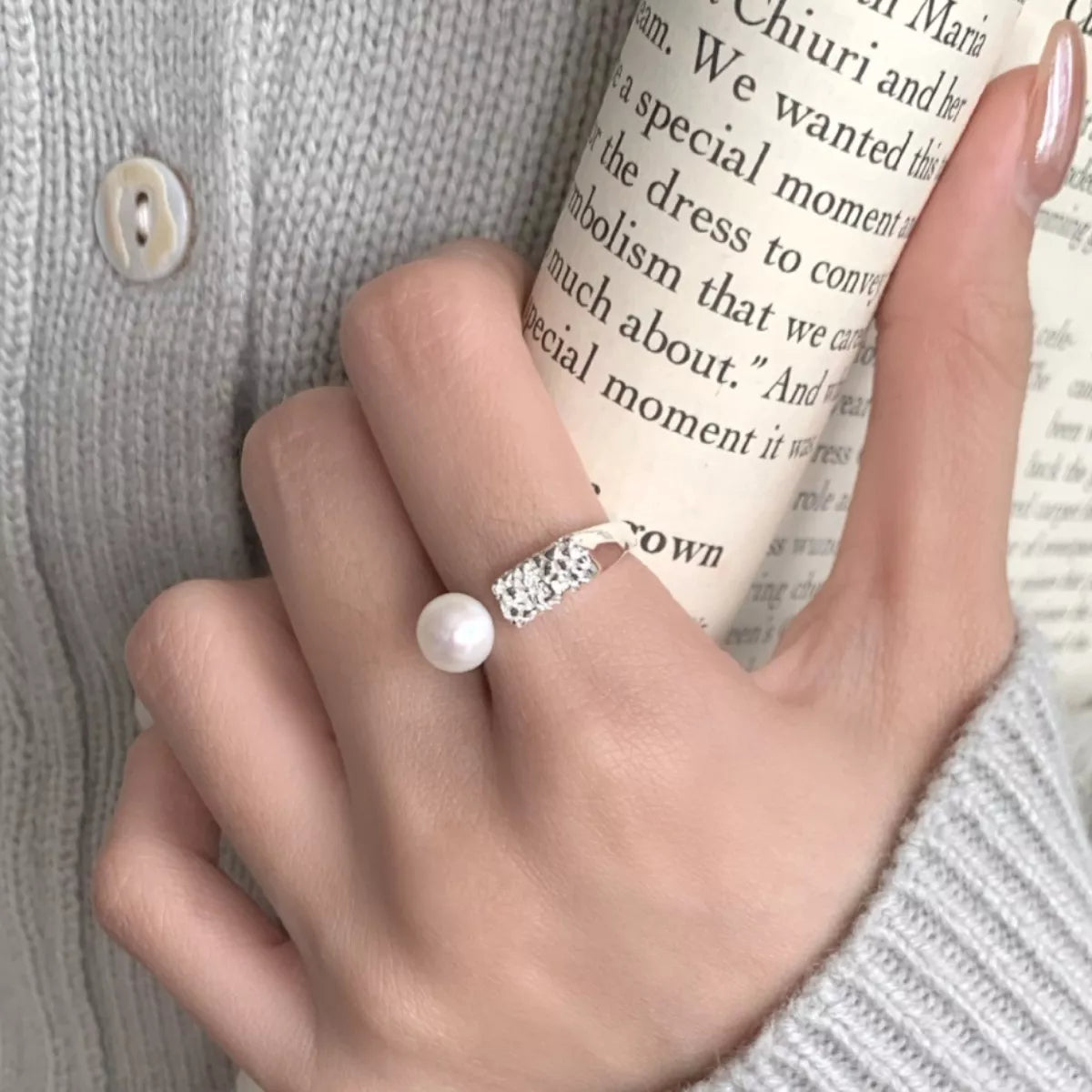 Pearl Sterling Silver Open Ring in Silver - women's open ring