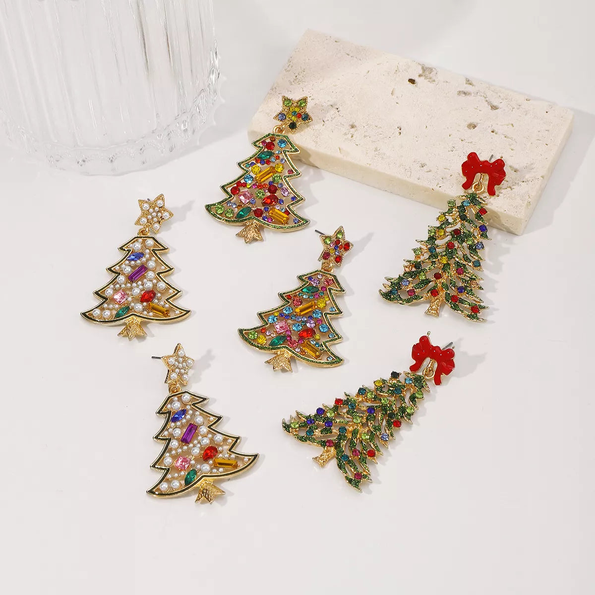 Christmas Tree Dangle Earrings in Red Bow - women's dangle earrings