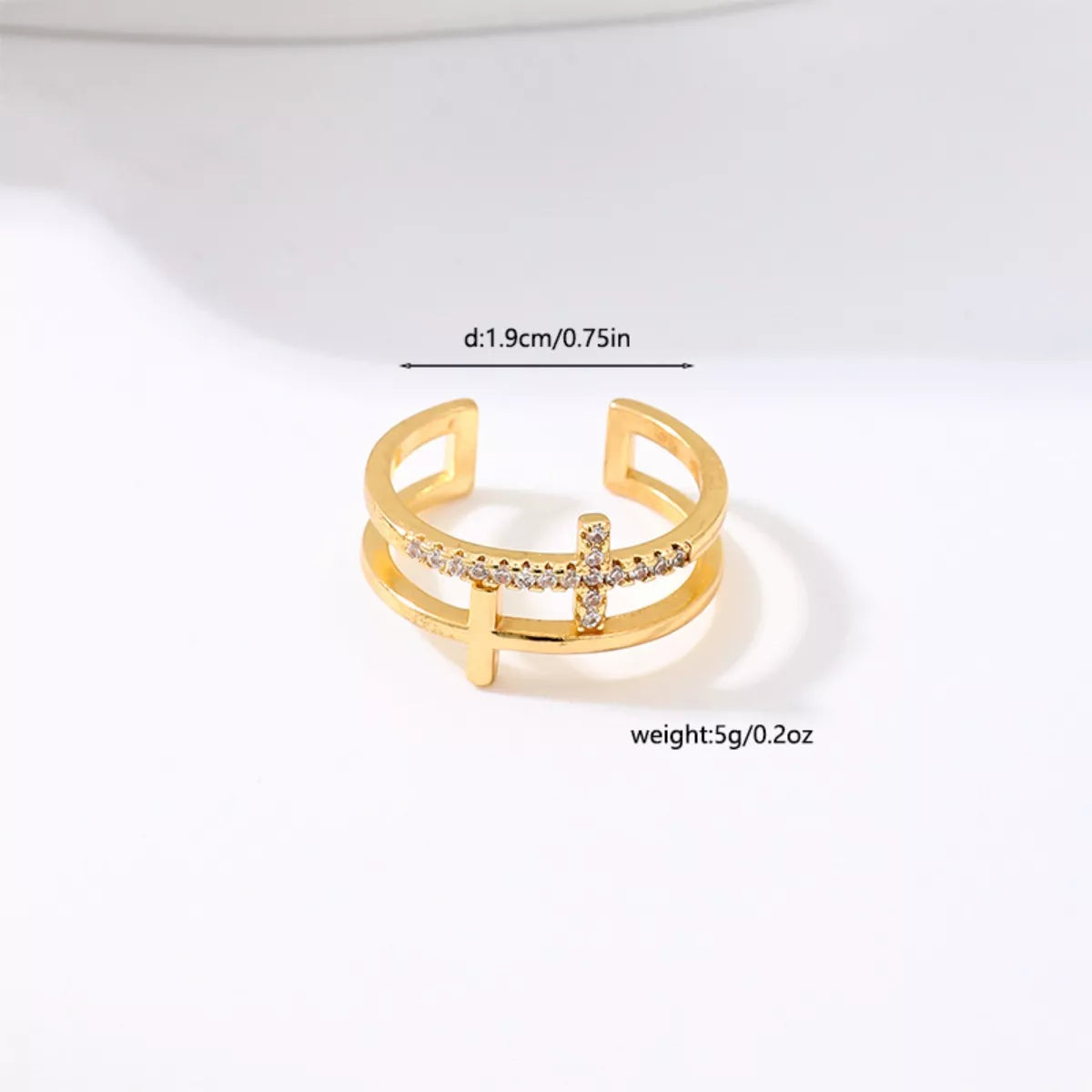 18K Gold-Plated Rhinestone Cross Open Ring - alternate ring view