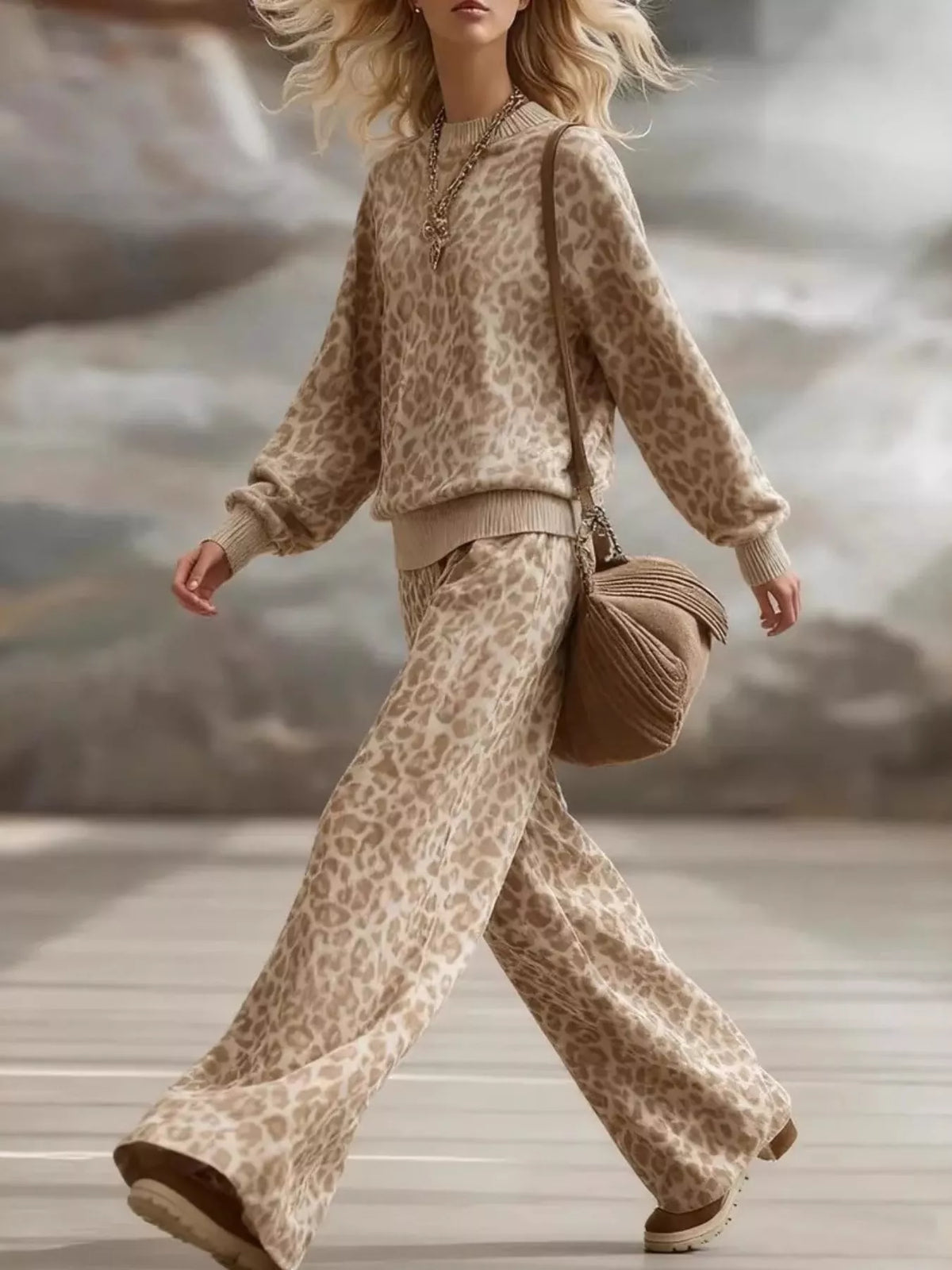 Leopard Dropped Shoulder Top and Pants Set in Leopard - women's matching pants set